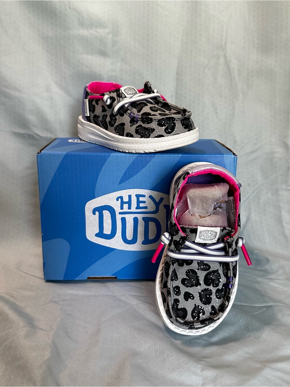 Hey Dude Kids Grey Leopard Slip-On Sneakers with Pink Accents. Childs 5